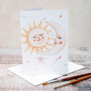 Greeting card of a sun, moon and star "Flynn, Apollo and Clyde". Blank inside, perfect for many occasions- Birthday, fathers day, thank you
