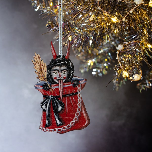 Christmas Krampus in a sack wooden hanging ornament. Christmas tree decoration. Made in the UK