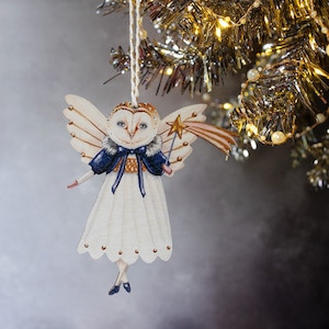Barn owl angel Christmas tree ornament, made from printed laser cut wood. "Maude" the owl