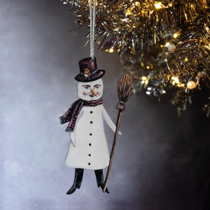 Roger snowman wooden hanging ornament, made from laser cut wood. Double sided. Vintage style Christmas decoration