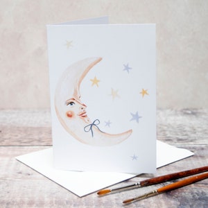Tarjeta de felicitación A6 de Apolo la luna creciente con estrellas. Hombre en la luna, arte de estilo vintage, 1940's/ 1950's, nueva tarjeta de bebé, tarjeta de cumpleaños