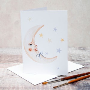 A6 greeting card of Apollo the crescent moon with stars. Man in the moon, vintage style art, 1940's/ 1950's, new baby card, Birthday card