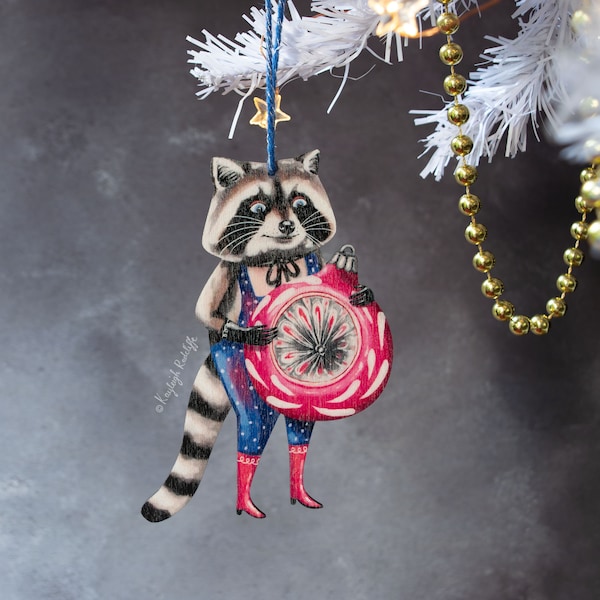 Raccoon with a vintage Christmas bauble wooden hanging ornament. Christmas tree decoration made in the UK. Robbie raccoon