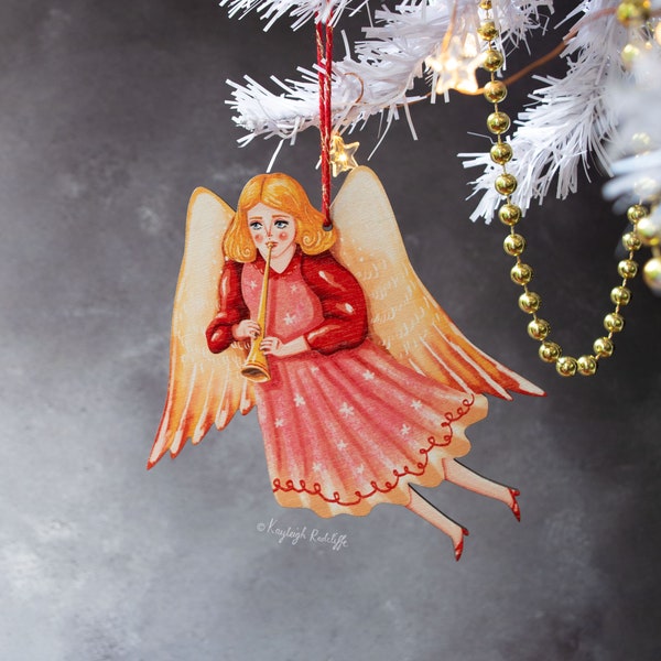 Wooden Christmas angel hanging ornament, vintage and retro in style. Made in the UK. "Pearl" the angel