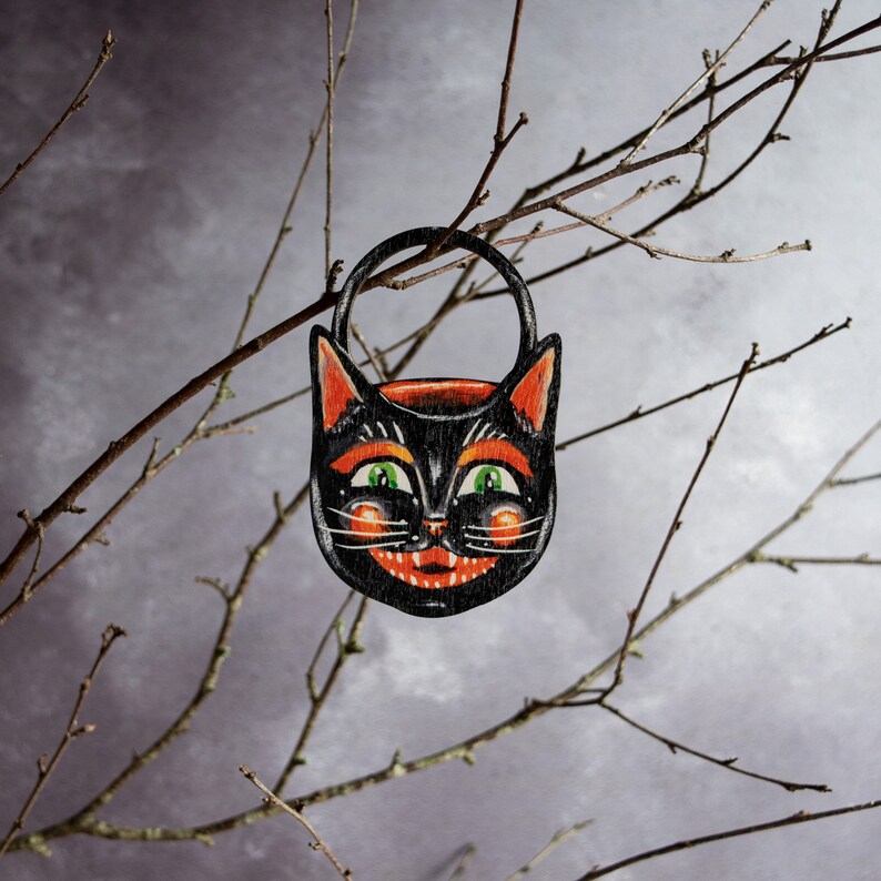 Vintage Style Halloween Cat Bucket Wooden Hanging Decoration. Etsy