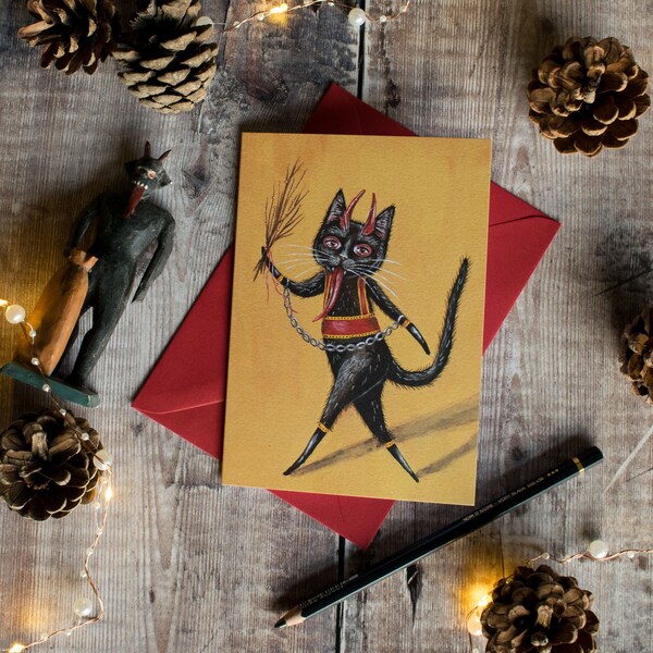 The Christmas Krampus illustrated Christmas card. Christmas folklore. Krampus cat. Dark Christmas, gothic Christmas, Devil. Blank inside.