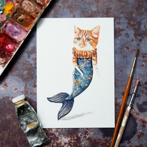 Illustrated art print of a cat fish called Louie, hand embellished. Mythical art, cat mermaid, merman, nautical art, sea art, cat lover gift