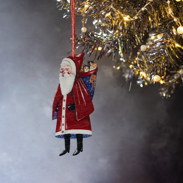 Vintage style Father Christmas hanging ornament, made from laser cut wood. Double sided