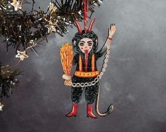 Retro Christmas Krampus hanging ornament, made from wood. Made in the UK