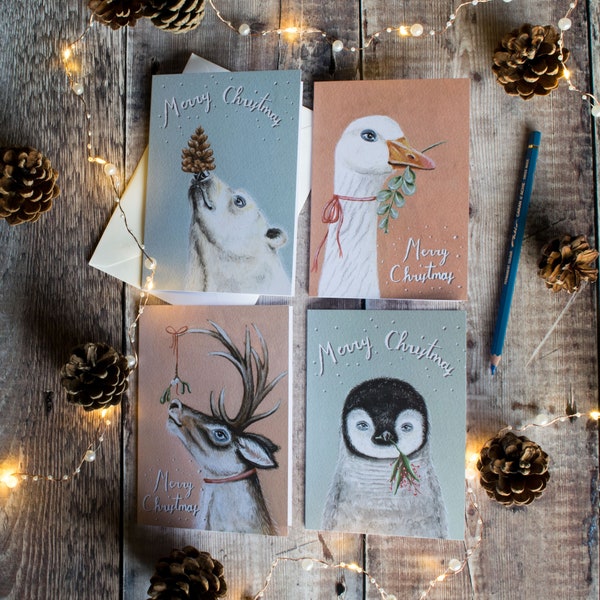 Pack of 4 seasonal Christmas cards- Polar bear, white goose, reindeer, baby penguin. Merry Christmas. Blank note cards.