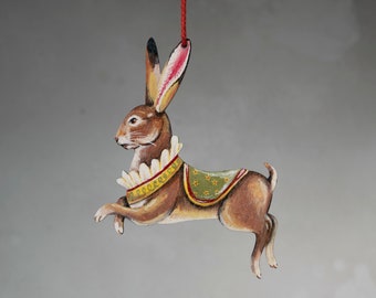 Wooden hare ornament, double sided. "Percy" hare. Illustrated ornament, vintage style. May Day celebrations or all year round decor
