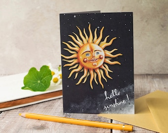 Carte de voeux Soleil, format A6. Vide à l'intérieur. Carte pour lui, carte pour elle. Carte unisexe. style vintage