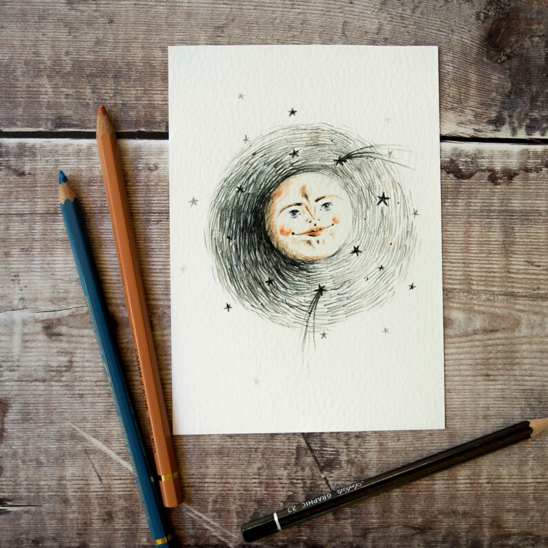 Celestial Magical moon line drawing art print A4 A5 4x5 print Man in the moon Mystical print bedroom print Full moon art Nursery art
