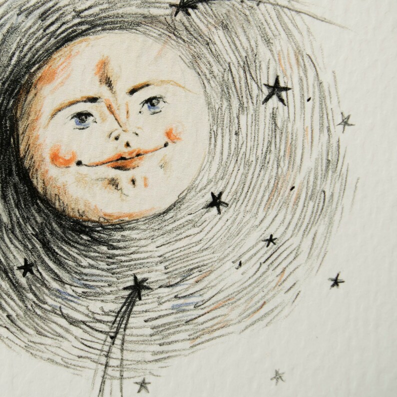 Celestial Magical moon line drawing art print A4 A5 4x5 print Man in the moon Mystical print bedroom print Full moon art Nursery art