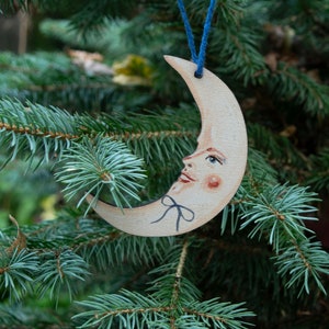 Moon decoration made from laser cut printed wood. Apollo the crescent moon. Made in England, vintage style