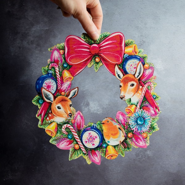 Wooden retro Christmas door wreath- kitschy Christmas. Featuring deer and a robin red breast. Unique design, made in the UK. Indoor use only