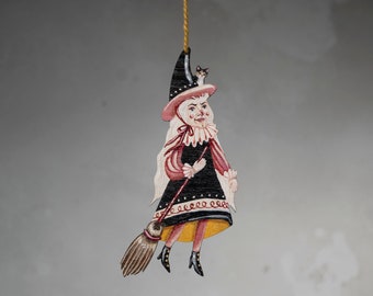 Wooden hanging ornament of Helen the witch with Marmalade the cat. All year round decoration, Halloween ornament, gift for a Birthday
