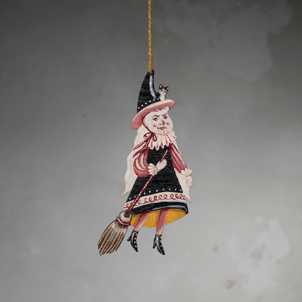 Wooden hanging witch ornament. Helen the witch with Marmalade the cat. All year round decoration, Halloween ornament, gift for a Birthday