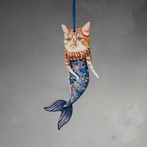 Cat merman wooden hanging ornament. Nautical decoration for all year round display, or an alternative Christmas decoration