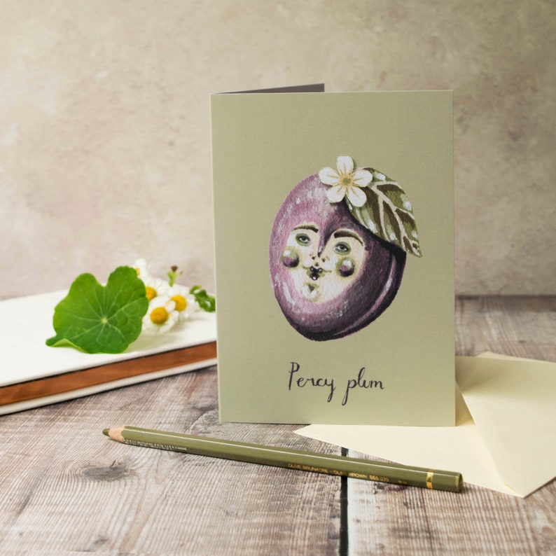 Carte de voeux prune, format A6. Carte de correspondance, vierge à l'intérieur. Carte de fruits. Carte pour toute occasion. image 1