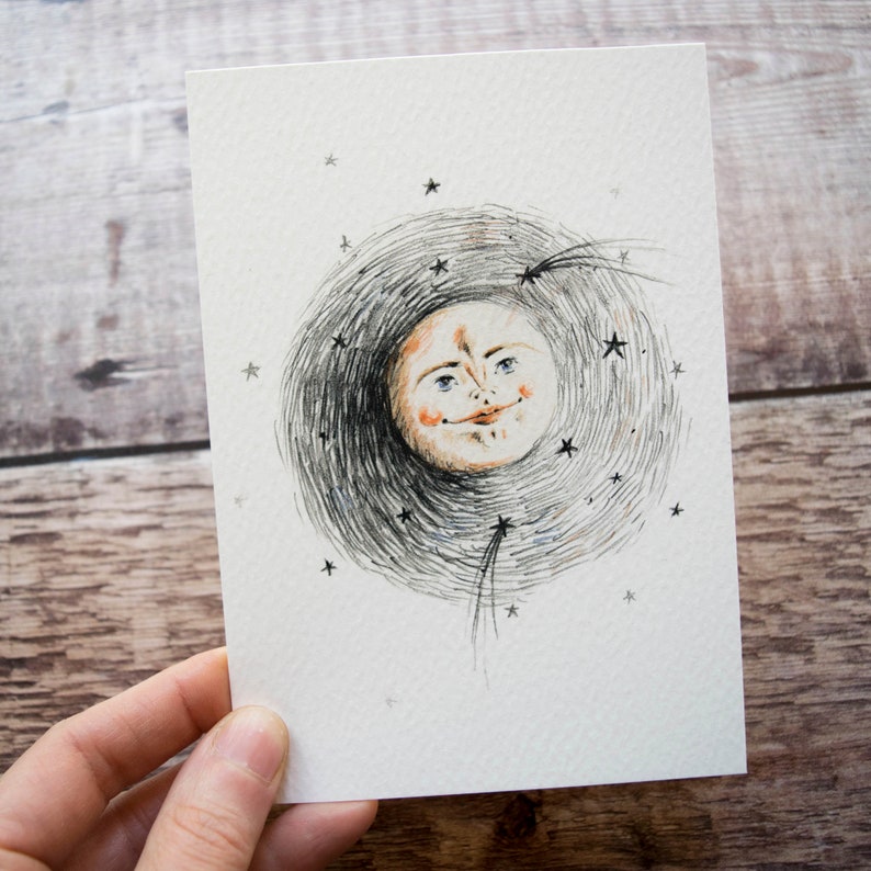 Celestial Magical moon line drawing art print A4 A5 4x5 print Man in the moon Mystical print bedroom print Full moon art Nursery art