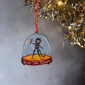 Krampus snow globe wooden Christmas ornament, made from printed laser cut wood. Gruss vom Krampus!