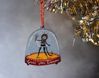 Krampus snow globe wooden Christmas ornament, made from printed laser cut wood. Gruss vom Krampus!