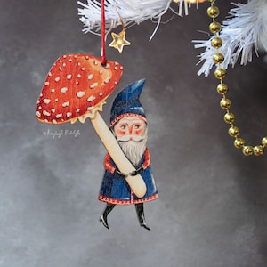 Wooden Gnome with a red spotted mushroom Christmas tree ornament/ hanging decor, made in the UK. "Otto" the Gnome