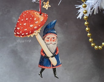 Wooden Gnome with a red spotted mushroom Christmas tree ornament/ hanging decor, made in the UK. "Otto" the Gnome