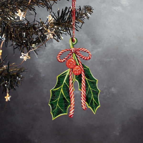 Wooden sprig of holly Christmas hanging ornament. Unique design, Christmas tree decoration, made in the UK