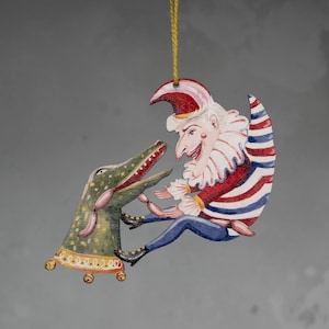 Wooden hanging decoration of Punch and a crocodile, double sided. Punch and Judy. Made in the UK. Wall decoration, tree decoration