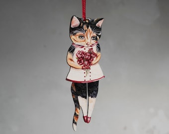 Tortoiseshell cat wooden hanging ornament. "Marmalade" the cat. Vintage style art. Cat hanging decoration to display all year round