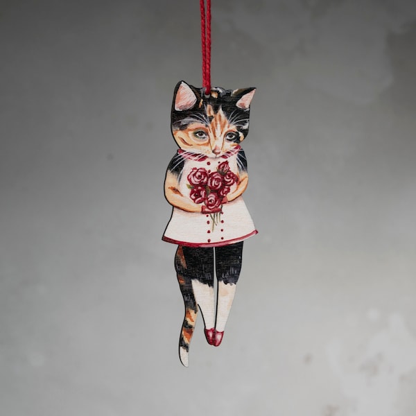 Tortoiseshell cat wooden hanging ornament. "Marmalade" the cat. Vintage style art. Cat hanging decoration to display all year round
