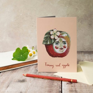 Carte de voeux pomme rouge. Format A6. Carte pour un professeur, carte pour lui, carte pour elle. Carte toute occasion