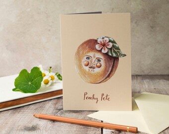 Carte de voeux A6 d'une pêche. Carte de note de pêche. Art de la pêche. Fruit avec un visage, style vintage.