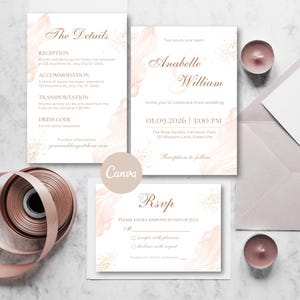 Rose Gold Wedding Invitation Suite, Editable Template, RSVP Card, The Details Card, Digital Instant Download, Canva Wedding Set Templates
