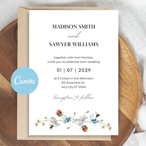 Wildflower Wedding Invitation Editable Template, Boho Floral Wedding Invite Printable, Instant Download, Colorful Spring Garden Wedding