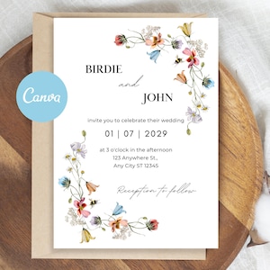 Wildflower Wedding Invitation Editable Template, Boho Floral Wedding Invite Printable, Instant Download, Colorful Spring Garden Wedding