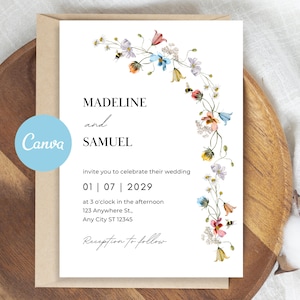 Wildflower Wedding Invitation Editable Template, Boho Floral Wedding Invite Printable, Instant Download, Colorful Spring Garden Wedding