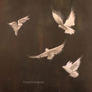 Elegant White Doves in Flight -- Serene Nature Wall Art Print Vintage Dove Painting Peaceful Bird Artwork Minimalist Animal Decor