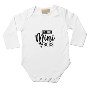 Romper with &quot;I&#39;m the mini boss&quot; print – baby gift for birth, christening, baby shower – long-sleeved & cotton
