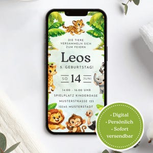 May include: A smartphone displaying a digital birthday invitation featuring cartoon jungle animals including a leopard, giraffe, lion, monkey, ostrich, zebra, and elephant. The text reads Leos 5. GEBURTSTAG! SO 14 JUNI 14:00 - 16:00 UHR SPIELPLATZ KINDEROASE.