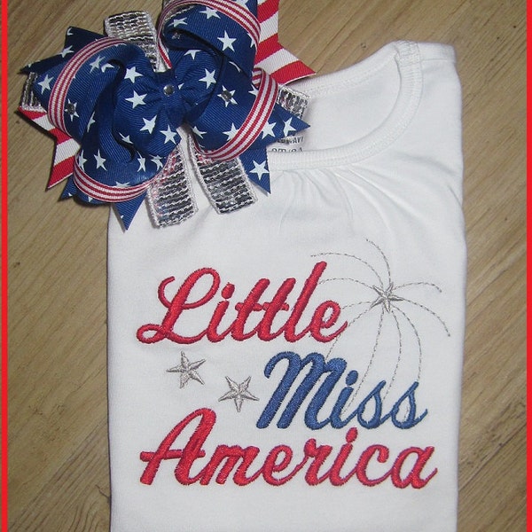 Little Miss America, 4th Of July, Patriotic Embroidery Shirt and Hair Bow