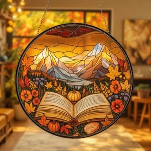 Fall Book Nature Art Stained Glass Suncatcher, Book Lover Cozy Season Gift, Book Lover Gifts, Christmas Ornament, Halloween Home Decor