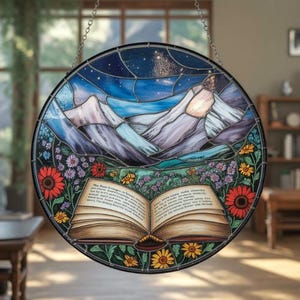 Nature Art Reading Stained Glass Suncatcher, Cozy Season Gift, Book Lover Gifts, Christmas Ornament, Halloween Home Decor