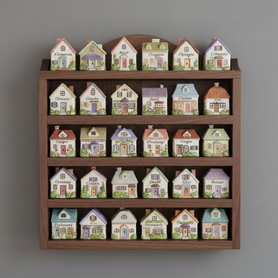 Lenox Spice Village Shelf | Wooden Spice Rack Display | Vintage Kitchen Organizer | Solid Wood Wall Shelf for Spice Jars | Kitchen Decor