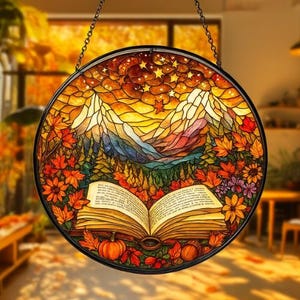 Cozy Autumn Reading Stained Glass Suncatcher, Nature Art Cozy Season Gift, Book Lover Gifts, Christmas Ornament, Halloween Home Decor