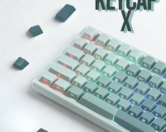 Teclas RGB con impresión lateral brillante, 121 teclas, perfil Cherry PBT, degradado verde azulado y gris, teclado mecánico ANSI MX