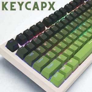 Matcha green 130-key set laid out on desk