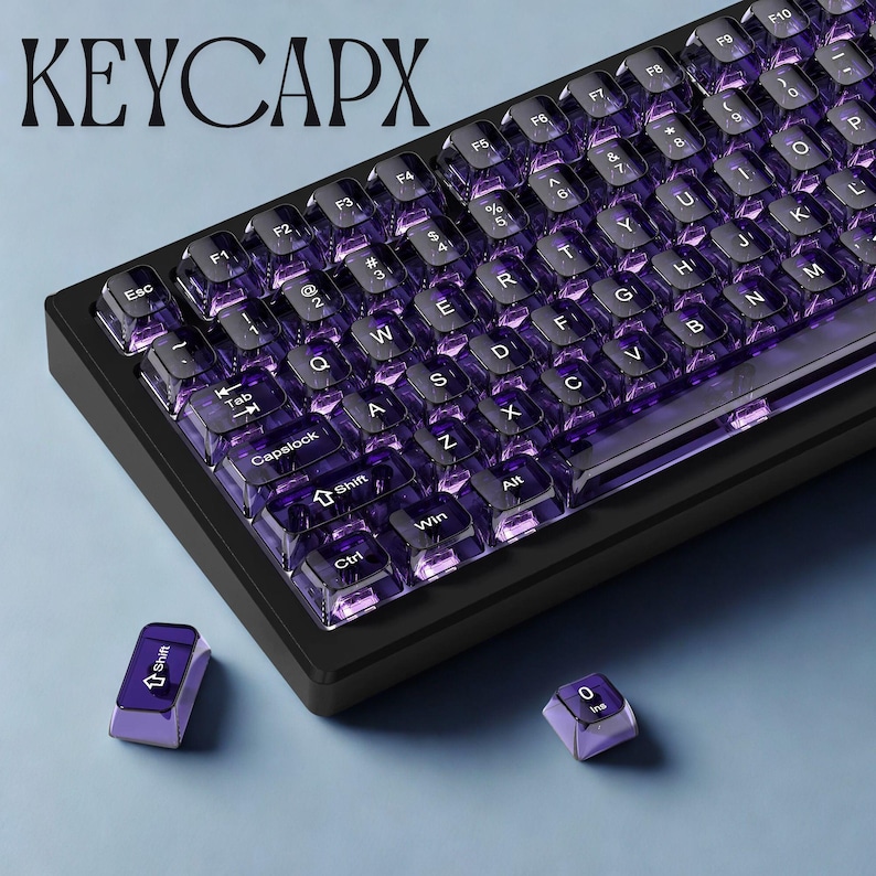 Purple transparent PC keycaps with RGB shine-through on mechanical keyboard